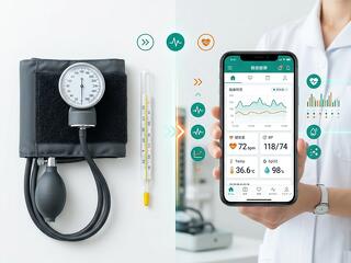 従来のバイタル測定器とスマホによる自動化の比較