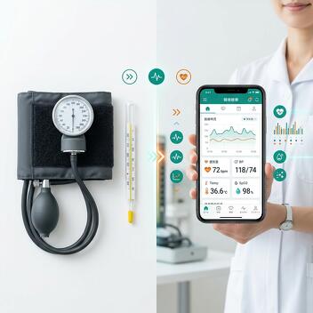 従来のバイタル測定器とスマホによる自動化の比較